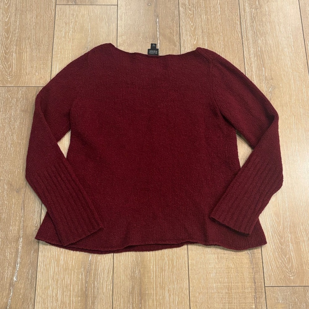 Eileen Fisher Burgundy Wool Blend Boucle Sweater Sashiko Patch Pocket Medium - Picture 3 of 8